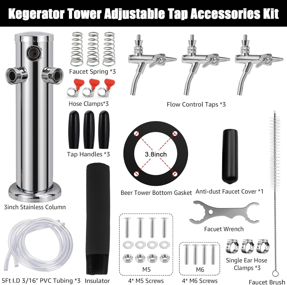 Adjustable Triple-Tap Kegerator Tower Beer Tap Tower