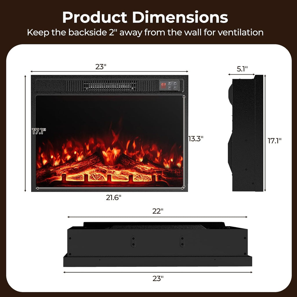 23 Inches Electric Fireplace Insert, 750W/1500W Fireplace Heater with Remote Control, Adjustable Flame Color &