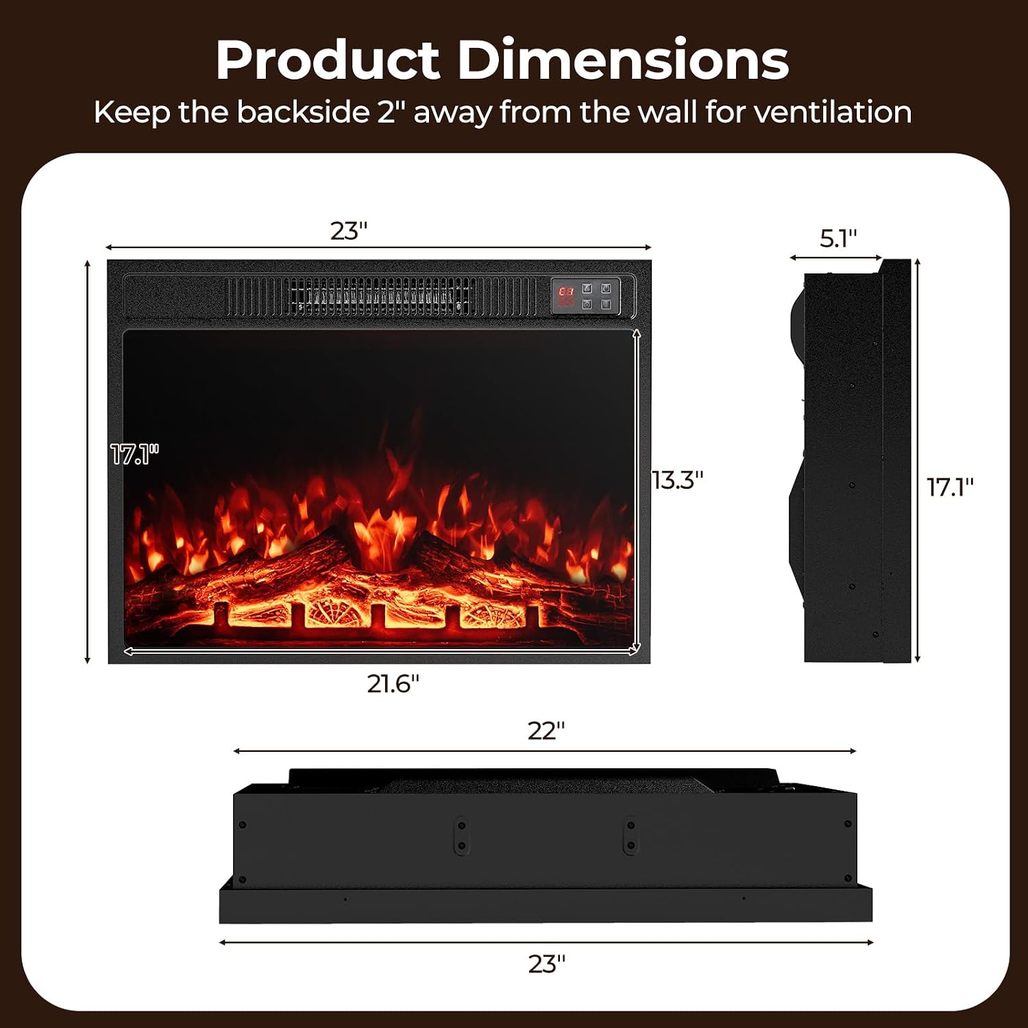 23 Inches Electric Fireplace Insert, 750W/1500W Fireplace Heater with Remote Control, Adjustable Flame Color &