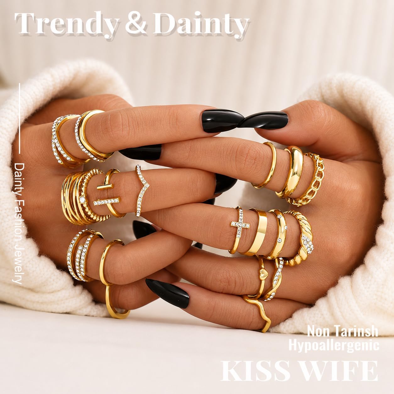 20Pcs Stackable Rings for Women, Gold Black Silver Knuckle Ring Set, Dainty Chunky Statement Rings for Daily Wear