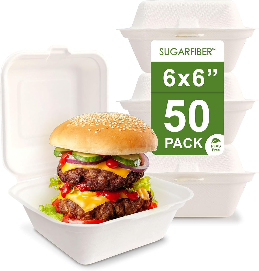 6X6 inch Compostable White Clamshell Take Out Food Containers with Lids
