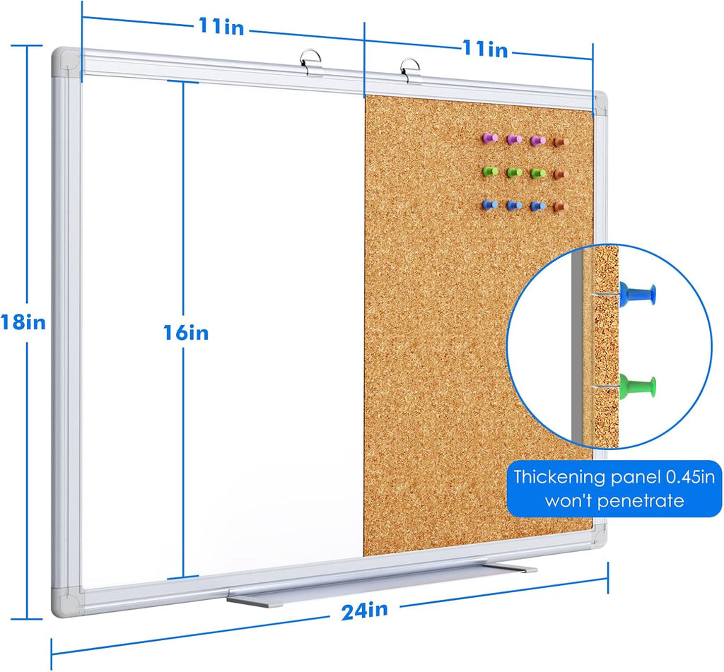 Magnetic White Board and Cork Board Combo, 24 X 18 inches Whiteboard Bulletin Combination Board, Wall Mounted Dry