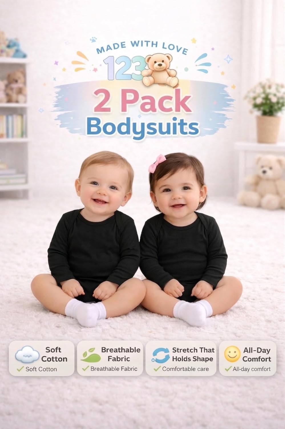 Baby Cotton Spandex Long-Sleeve Bodysuits 2-Pack, Boy Girl