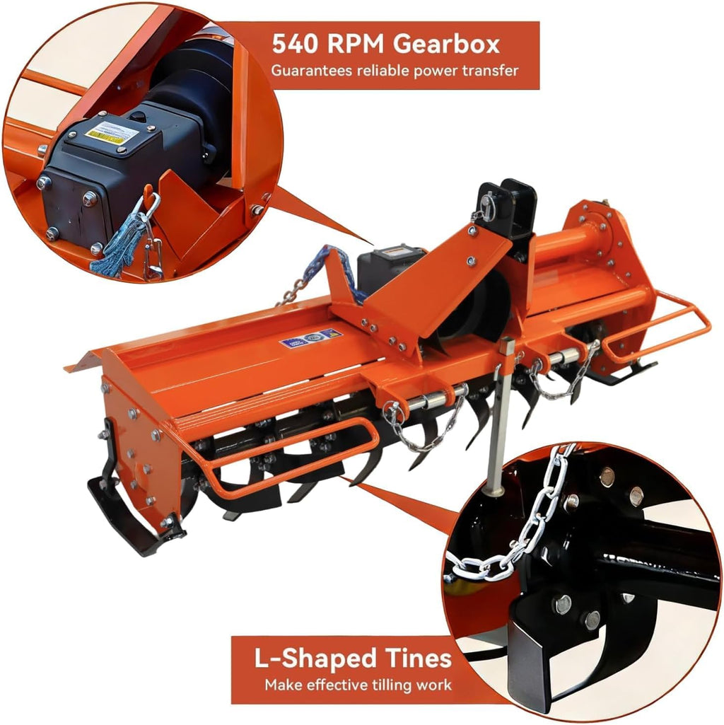 53 Inch 3 Point Rotary Tiller Attachment, PTO Driven Category 1 Tractor Tiller Cultivator for Soil, Preparation with