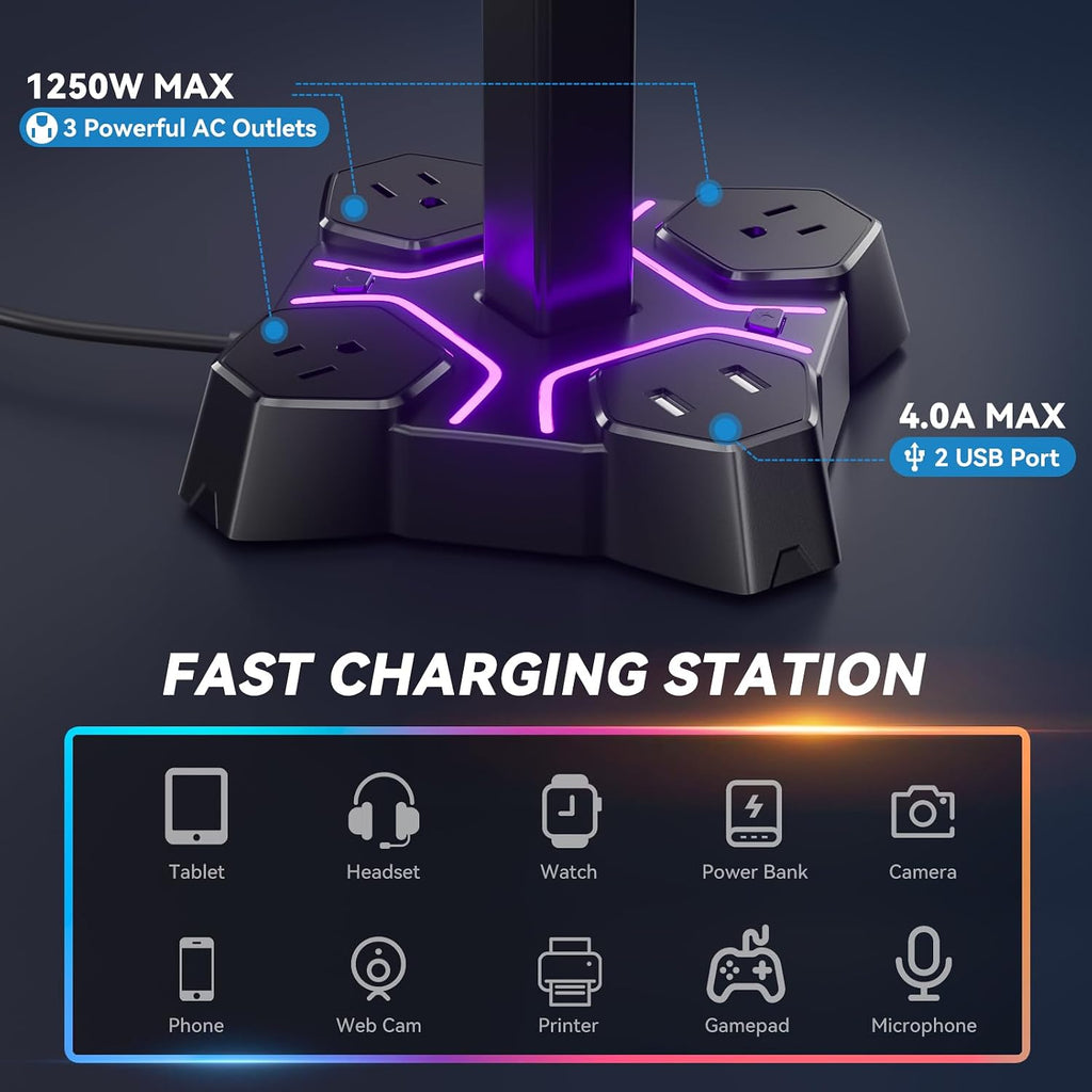 Headphone Stand with USB Charger, Controller Stand for Desk, Headphone Holder with 2 USB Charging Ports and 3 AC
