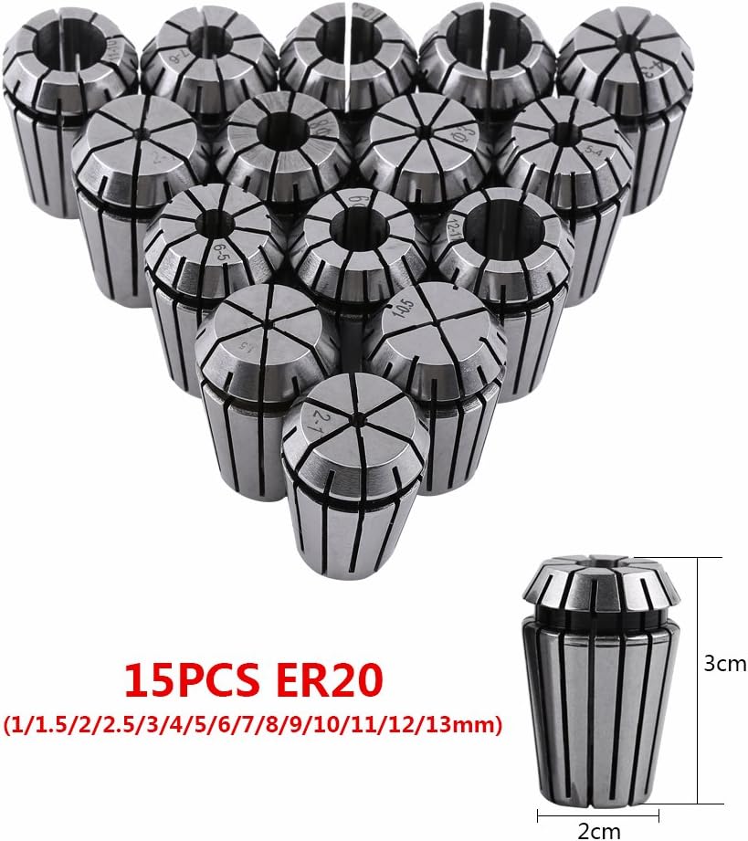 15pcs ER20 Collet Set 1-13mm 65Mn Steel Precision Spring Collet