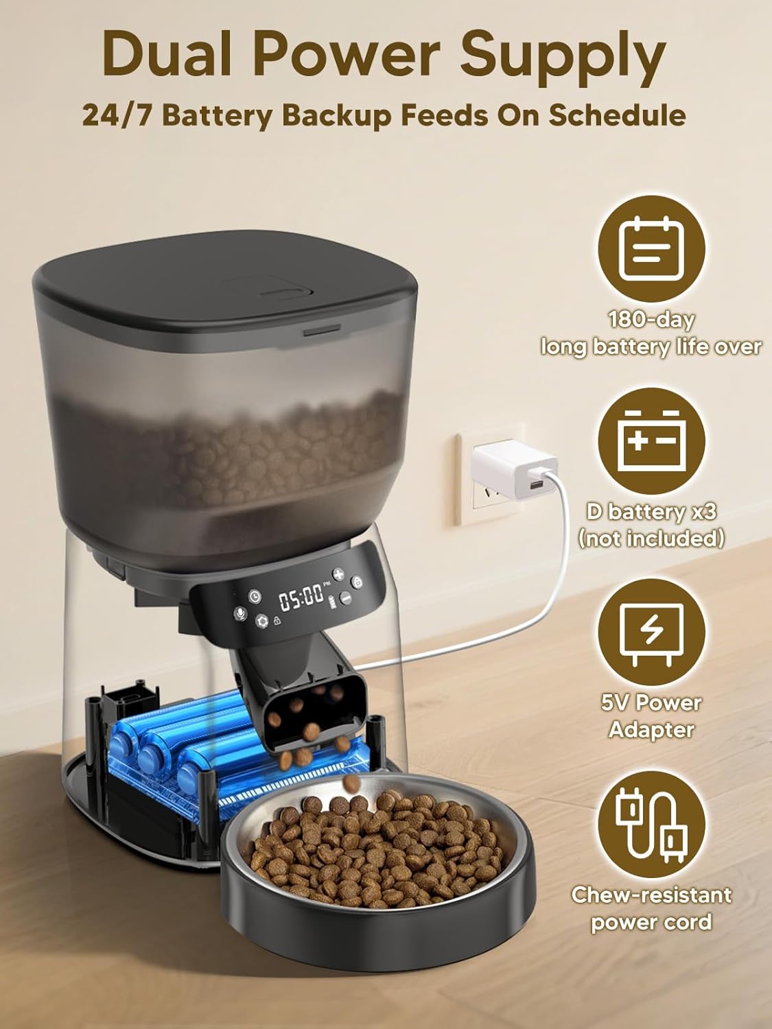 Automatic Cat Feeder and Water Fountain, 4L/16 Cups Timed Cat Dry Food Dispenser, 10s Meal Call, 20 Portions 6 Meals