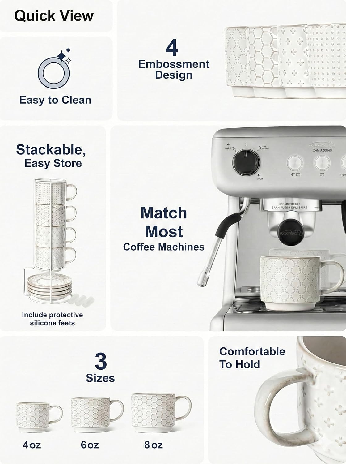 6 oz Stackable Cappuccino Cups with Saucers and Stand, Set of 4, Ceramic Coffee Cup Set for Flat White, Tea