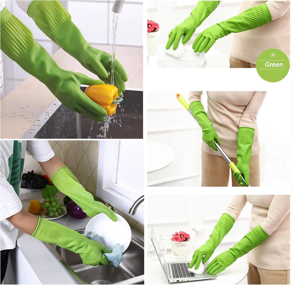 3 Pairs of Rubber Dishwashing Gloves for Kitchen and Household Cleaning – Long Cuff 15", Reusable, Flexible