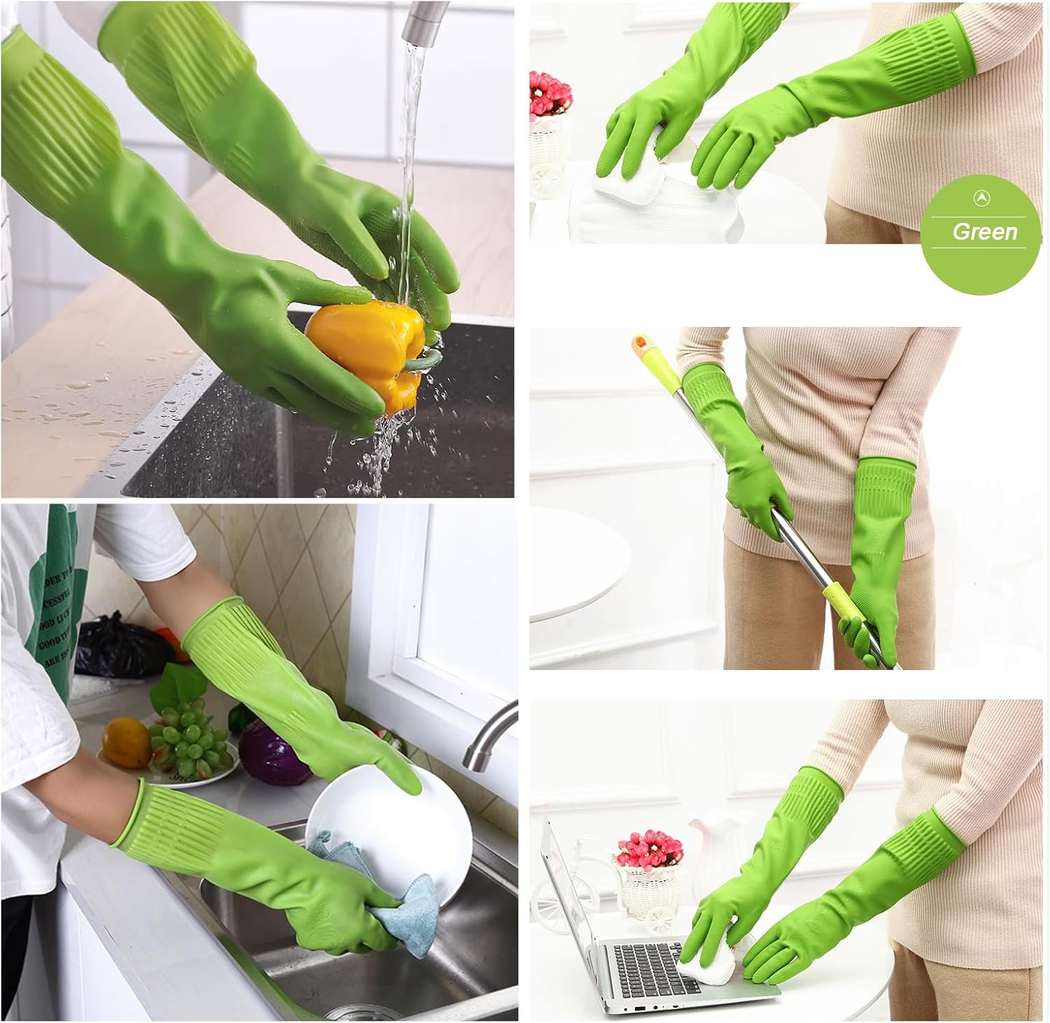 3 Pairs of Rubber Dishwashing Gloves for Kitchen and Household Cleaning – Long Cuff 15", Reusable, Flexible