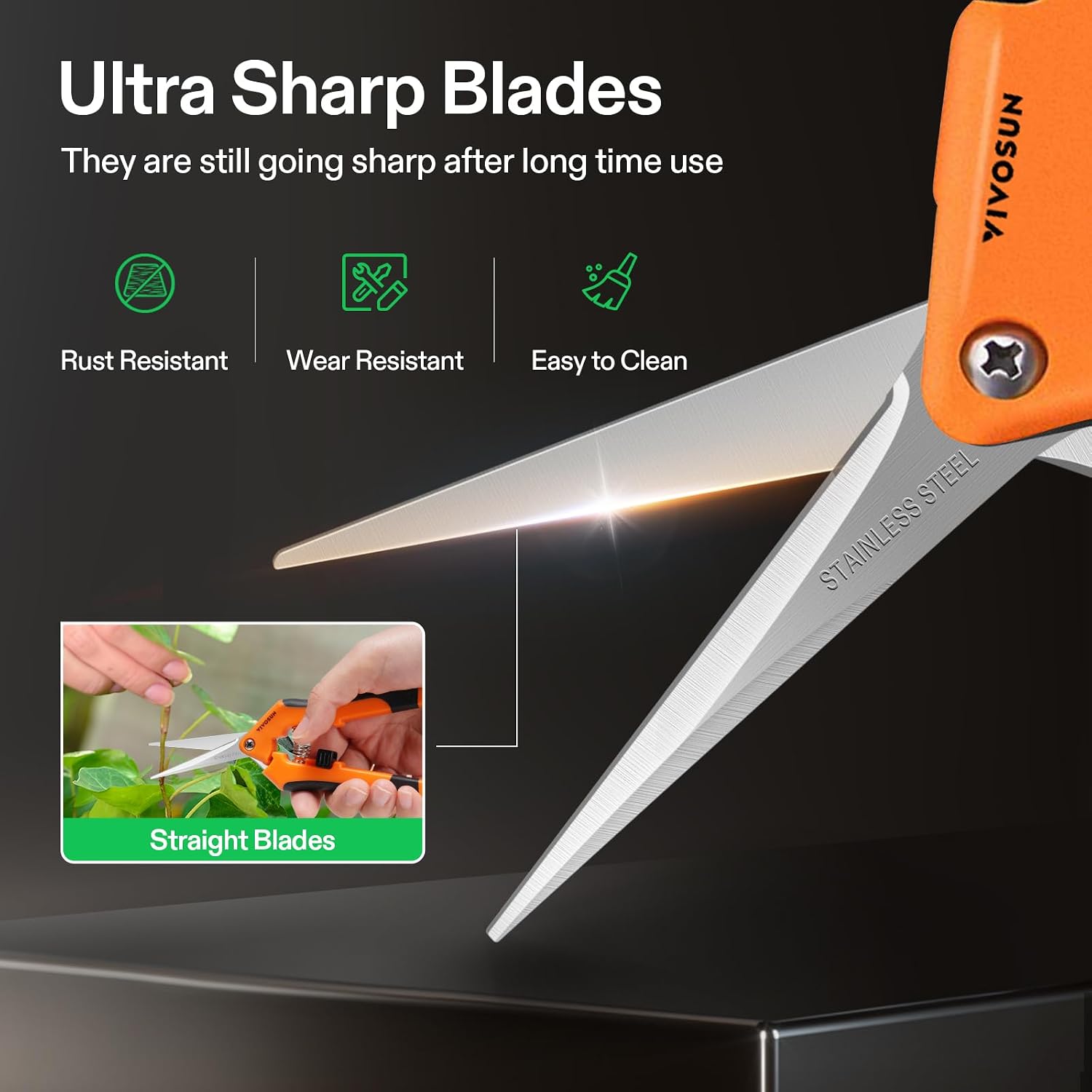Gardening Hand Pruner Pruning Shear with Straight Stailess Steel Blades (2Pack Orange)