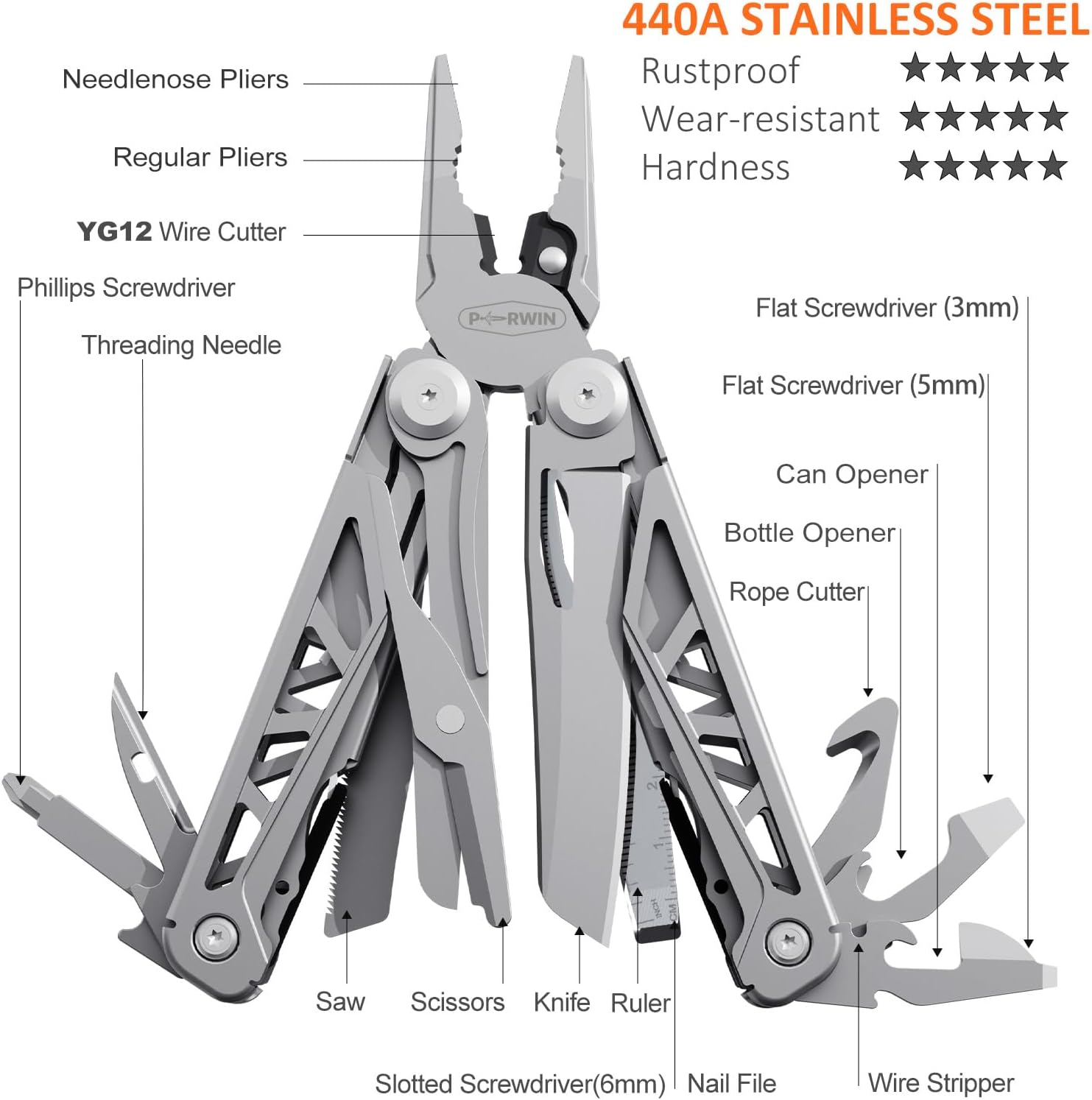Multitool, 17-in-1 Stainless Steel Multi Tool Pliers with Self-Locking, Pocket Knife, Nylon Sheath, Professional