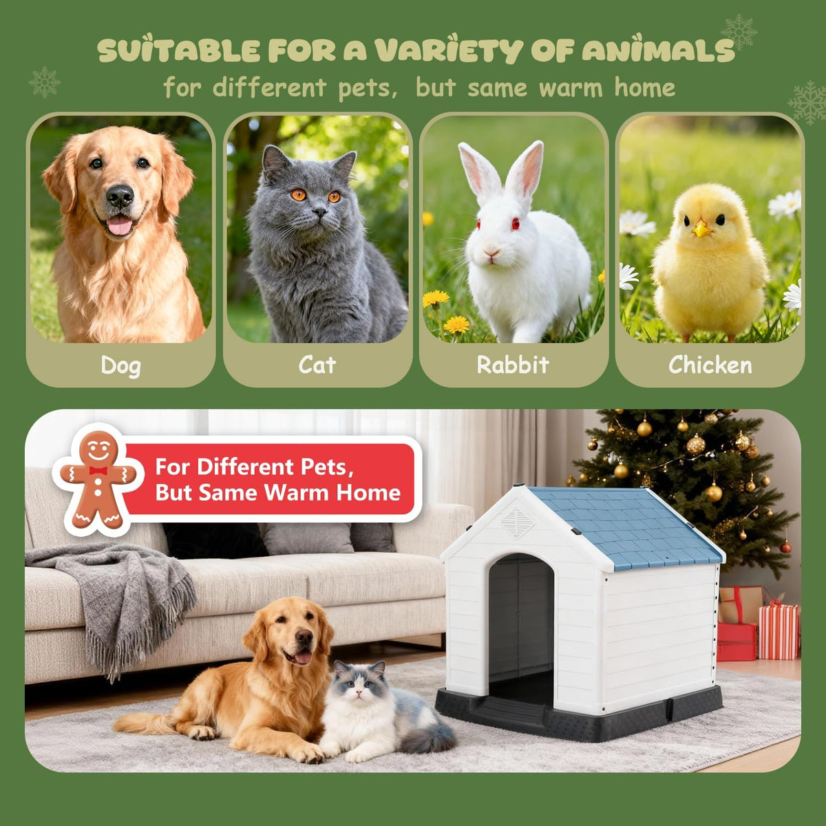 Large Plastic Dog House, Dog Kennel Outdoor Waterproof Doghouse Casas para Perros, Puppy Shelter Elevated Floor and