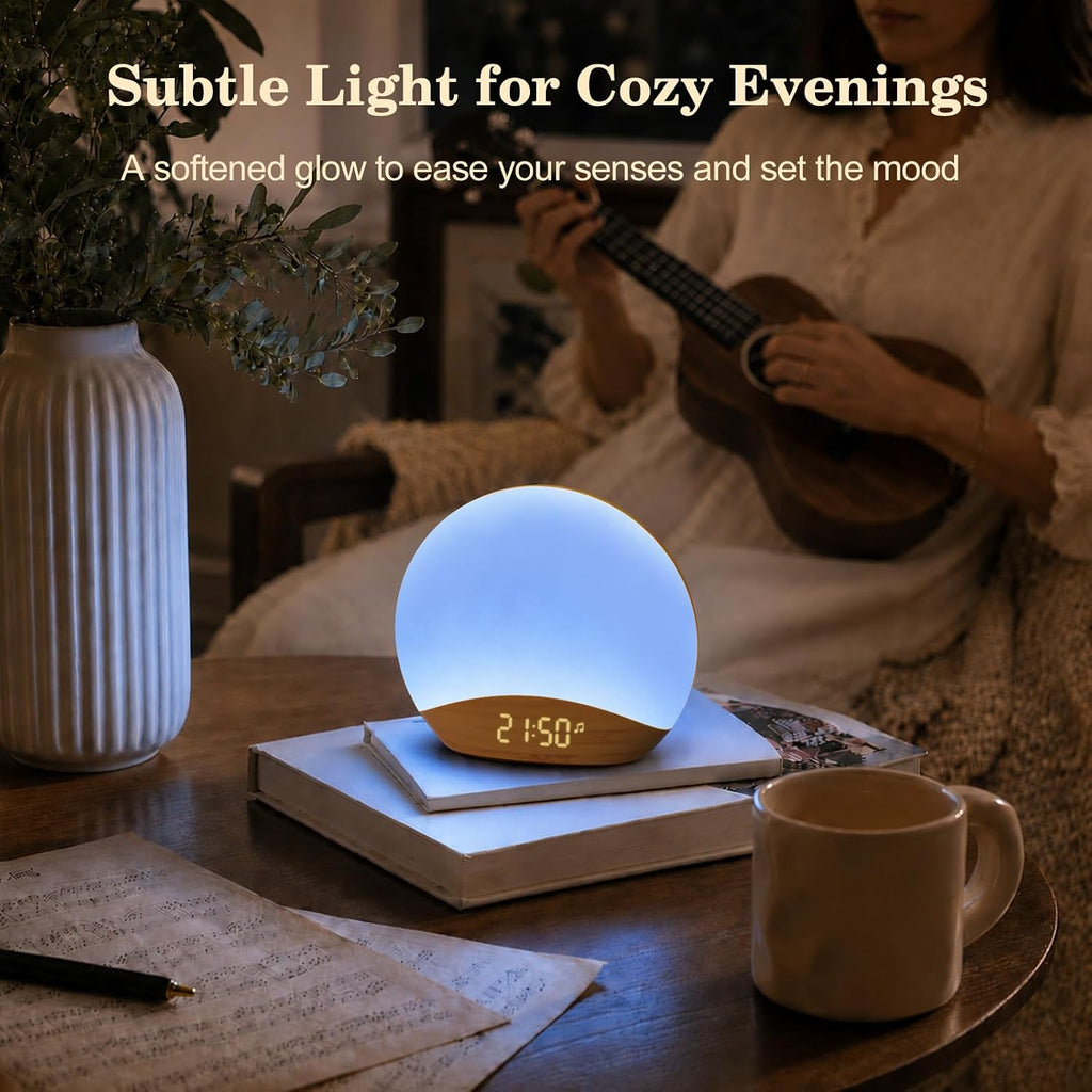 Wood Grain Sunrise Alarm Clock and Sound Machine Nightlight | Digital Dimmable Clock for Bedroom, 26 Sleep Sounds