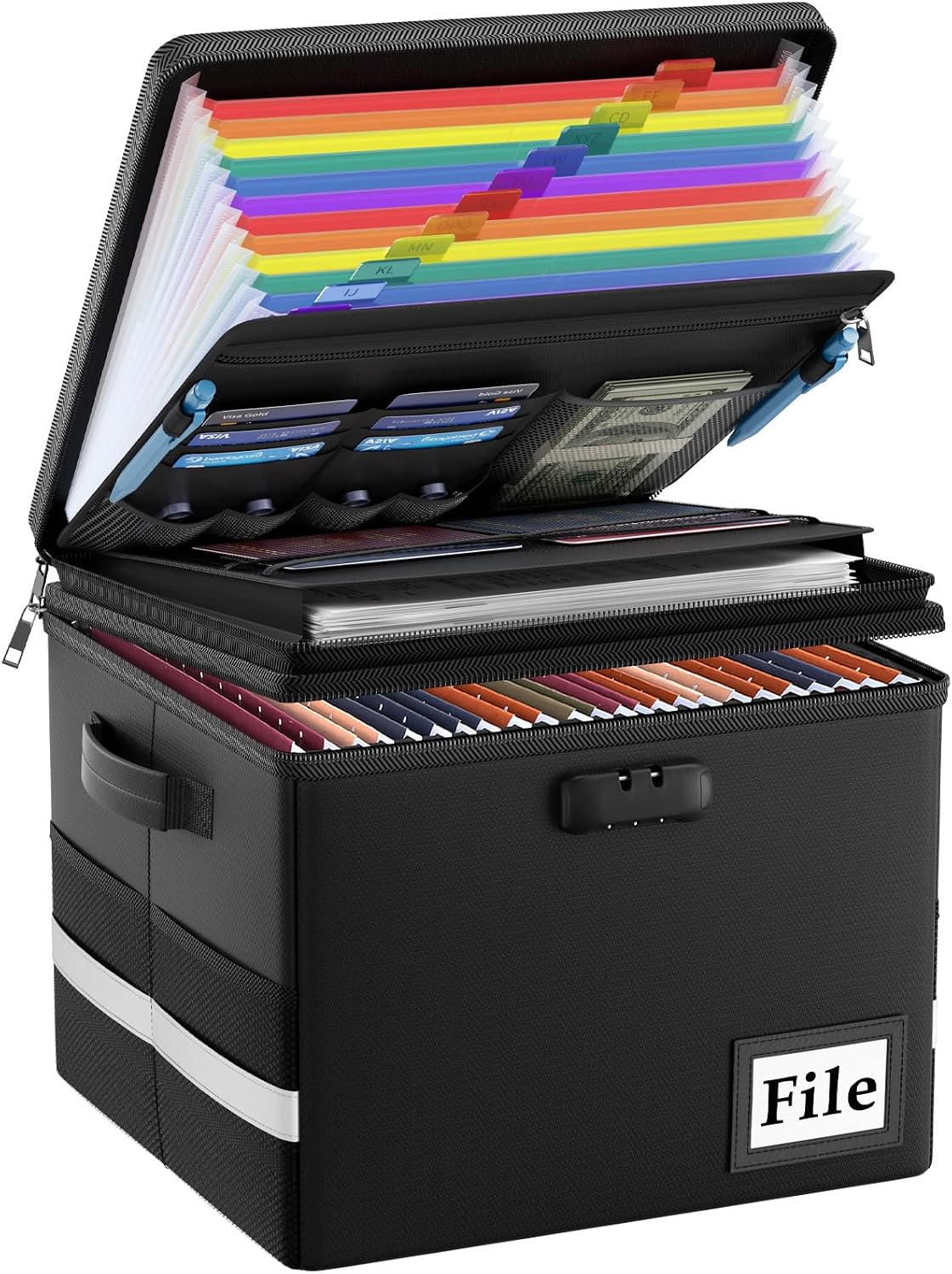 Fireproof Document Box with Locks and Accordion File Folder,Black
