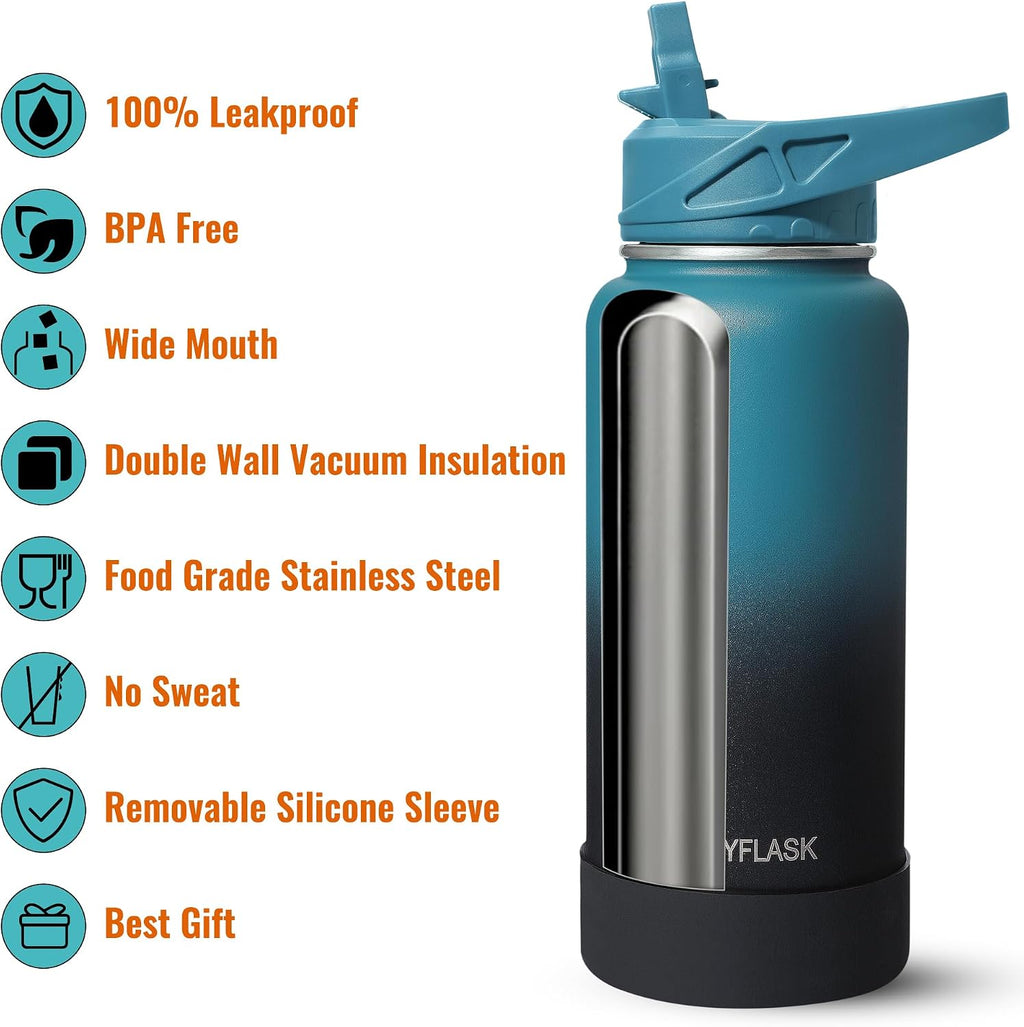 32oz Insulated Water Bottle with Straw, Stainless Steel Metal Vacuum Water Flask, Large Thermal Water bottle with