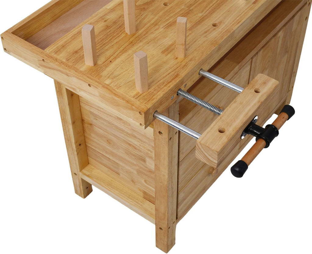 55" Rubber Wood Workbench, Heavy Duty Garage Work Table with Drawers & Storage Shelves, Natural Finish, 104.5 lbs –