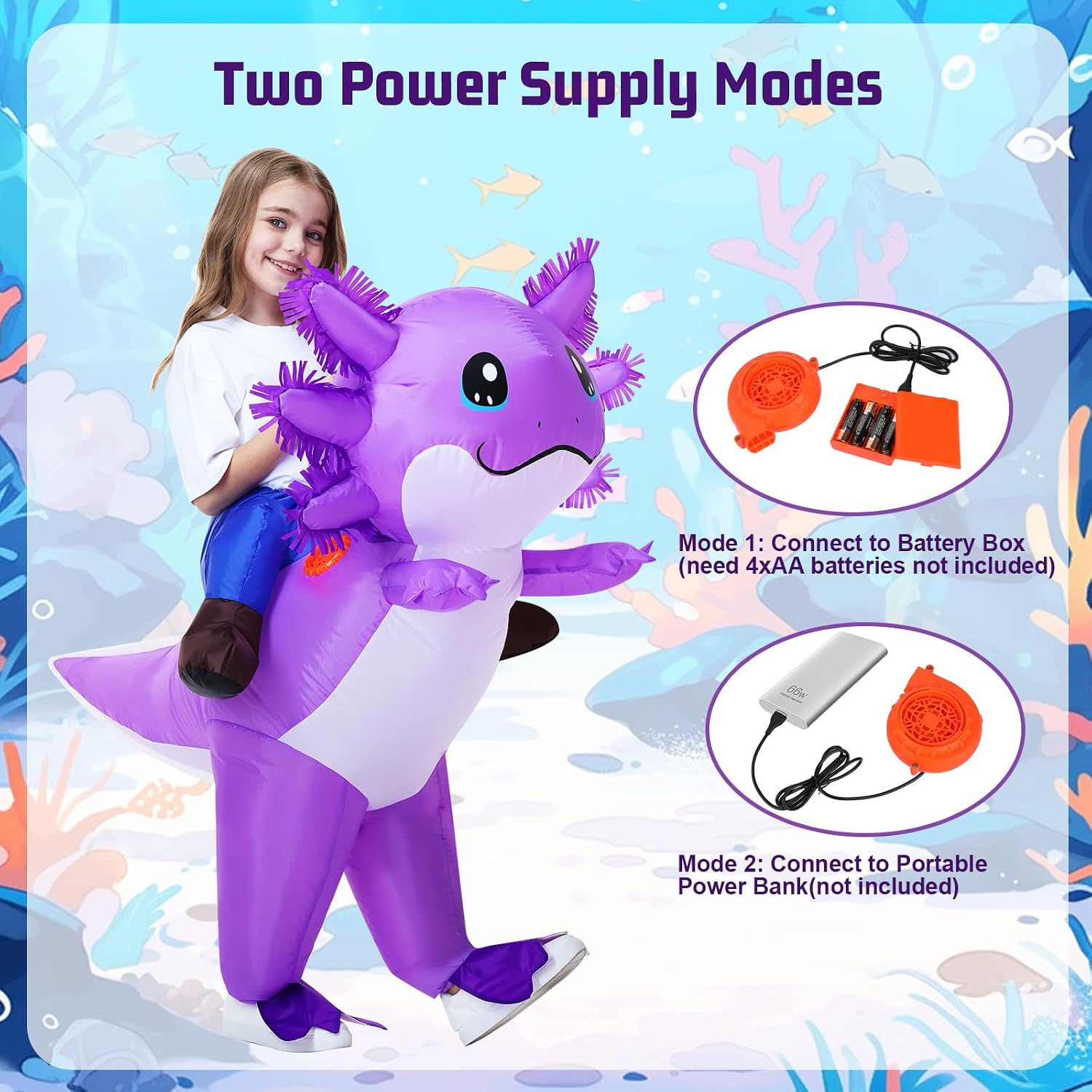 Kids Inflatable Axolotl Costume for Kids Purple Blow Up Ride-On Costumes Halloween Cosplay Outfit for Girls and Boys