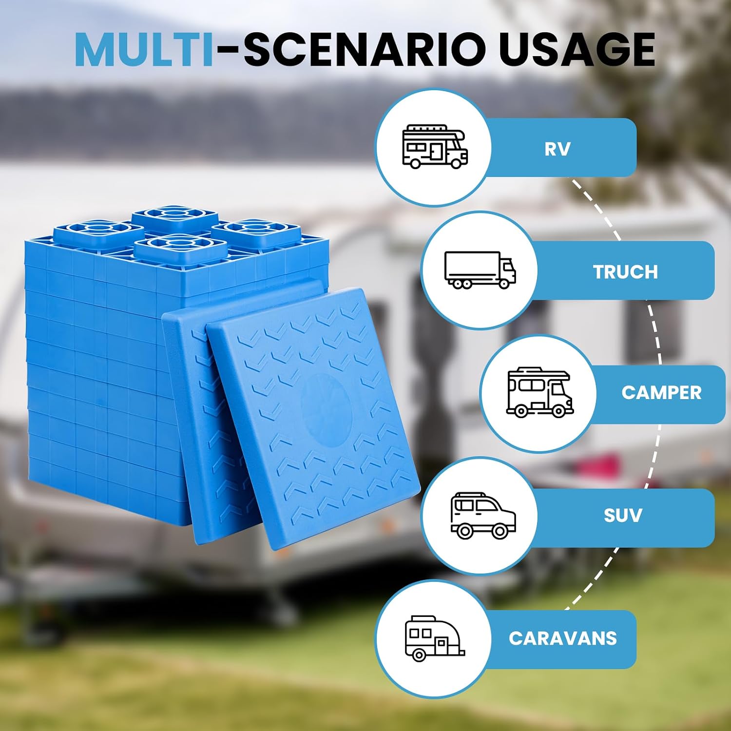 RV Leveling Blocks - 12 Pack Heavy Duty Camper Leveling Blocks with Handbag and T-Shaped Bubble Level - Anti-Slip