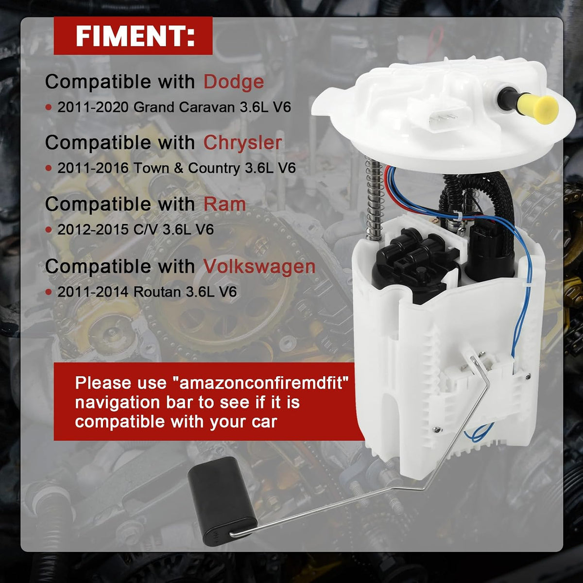 E7272M Electric Fuel Pump Module Assembly Compatible with Dodge Grand Caravan Chrysler Town & Country Ram C/V Volkswagen Routan 2011-2020 3.6L V6 Replace# P76743M FG0890 SP7080M 68060507AB