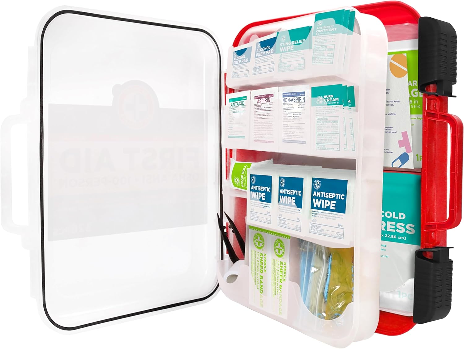 First Aid Kit Hard Red Case 326 Pieces Exceeds OSHA and ANSI Guidelines 100 People - Office, Home, Car, School