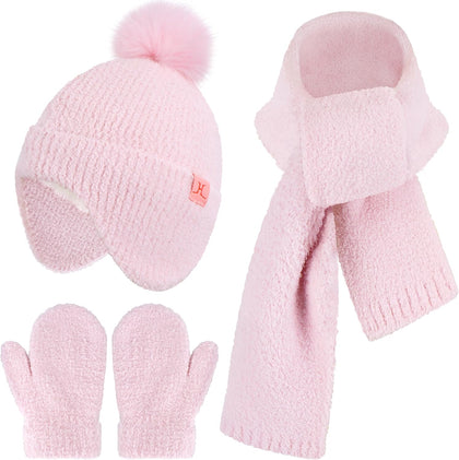 Toddler Kids Winter Hats Mittens Gloves Scarf Set Age 0-4 | Warm Knit Baby Beanies Hats with Ear Flaps, Fleece Neck