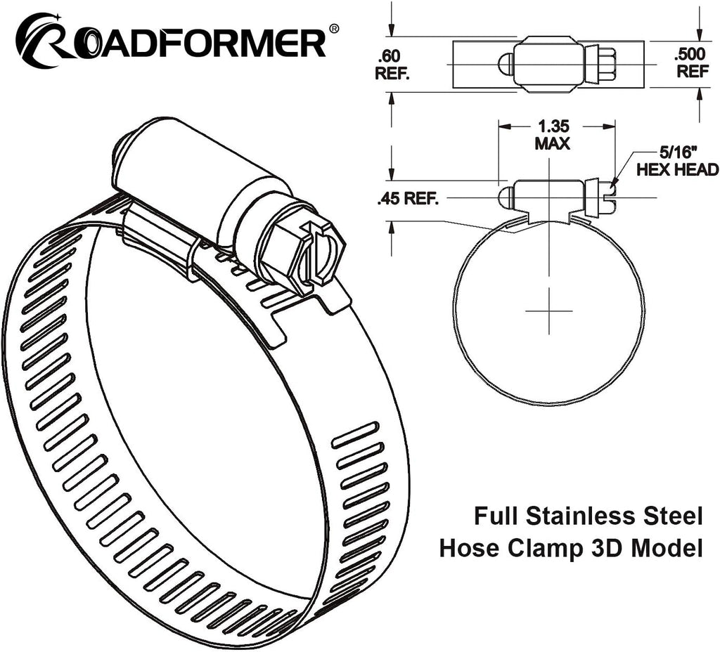 2" Hose Clamp Full Stainless Steel 40mm - 64mm, 10 Pack | 2 hose clamp worm gear SAE 32 Size, Full Stainless Steel