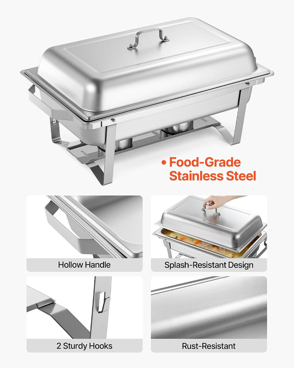 Rectangle Chafing Dishes, 9 Qt 6 Pack Stainless Steel Chafing Dish, Food Warmer Chafer Complete Set with Hollow