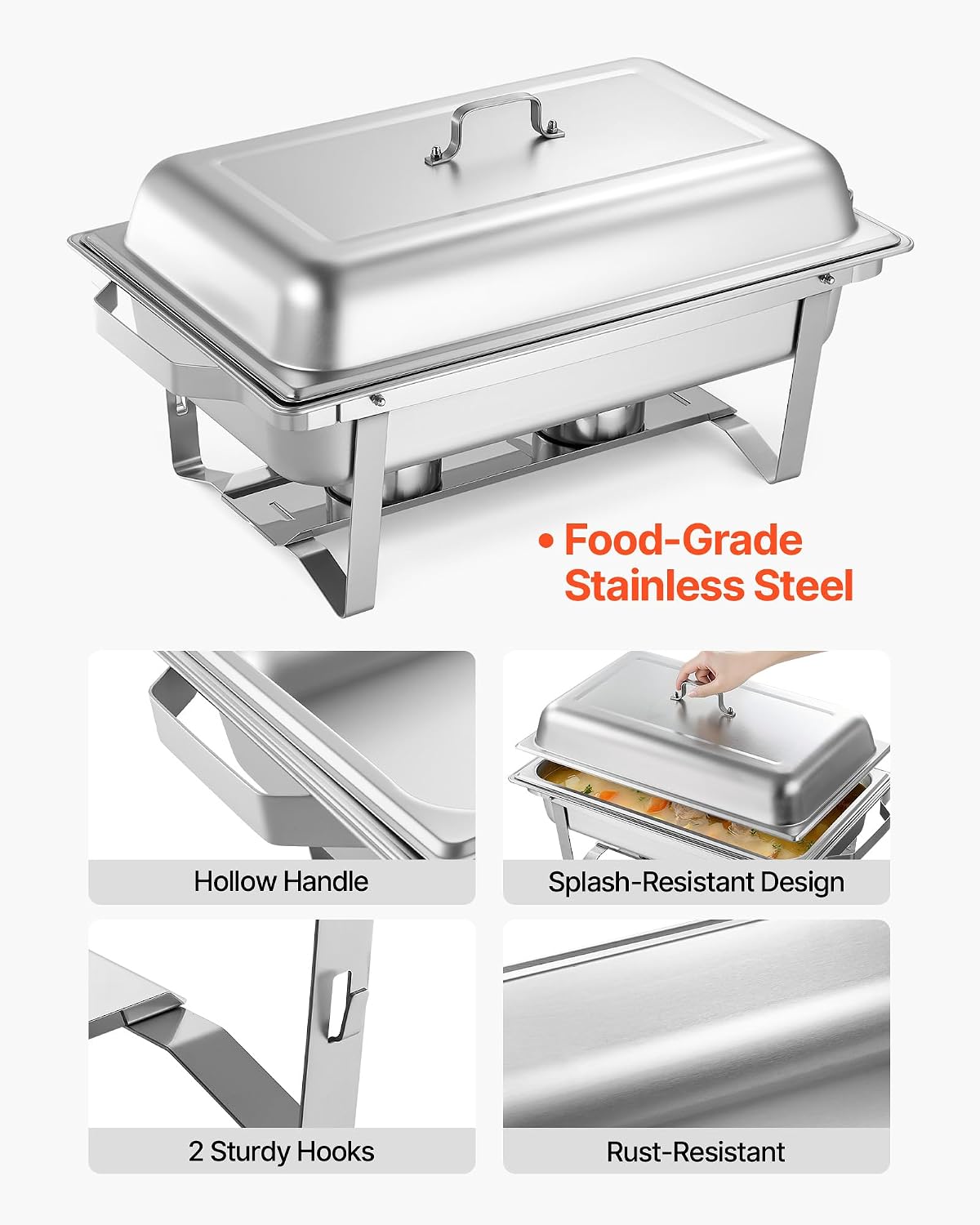 Rectangle Chafing Dishes, 9 Qt 6 Pack Stainless Steel Chafing Dish, Food Warmer Chafer Complete Set with Hollow