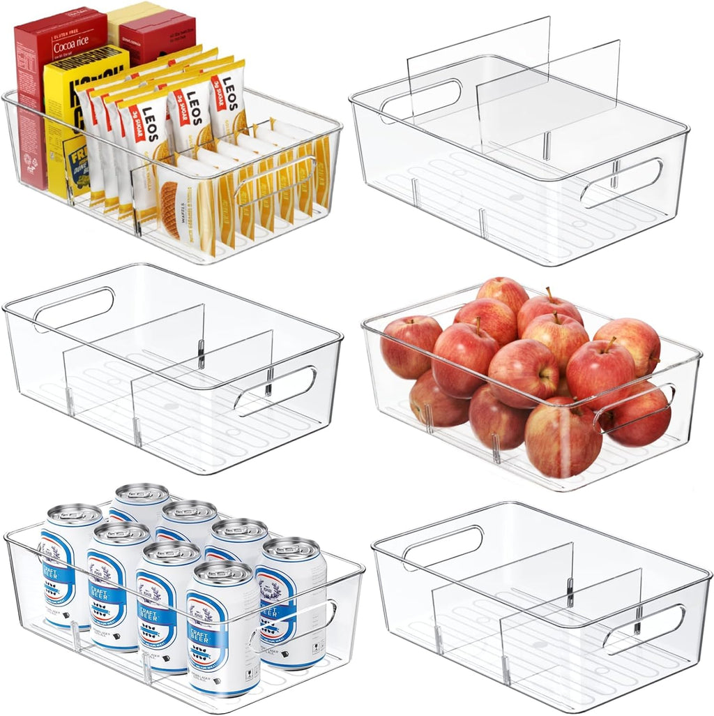 6 Pack Pantry Organizers and Storage,Clear Plastic Containers with 2 Dividers for Kitchen,Fridge Organization and