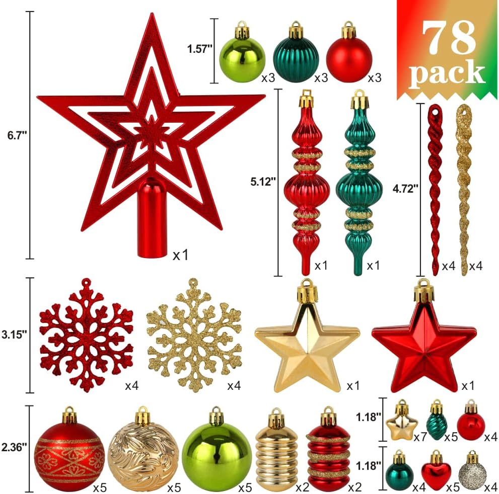 Christmas Tree Ornaments Set 78 Pack Red and Green Gold Christmas Baubles | Christmas Ball Shatterproof Hanging Tree