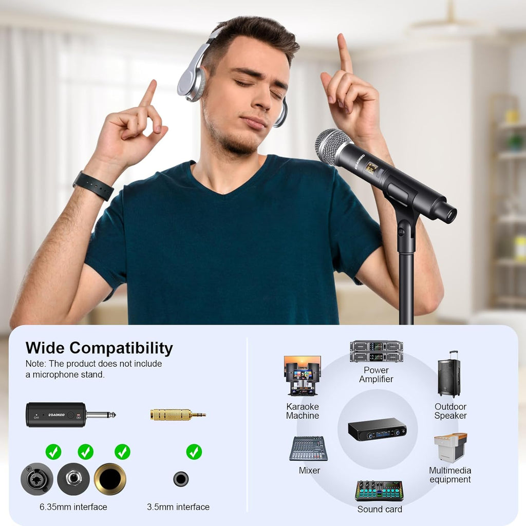 Wireless Microphone for Mic Input, UHF Metal Dynamic Handheld Multipurpose Mic with Rechargeable Receiver (Work 4hs)