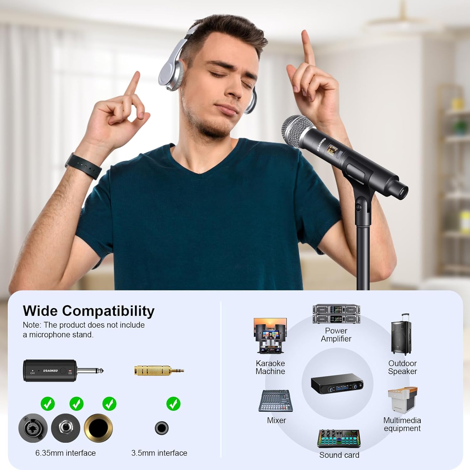 Wireless Microphone for Mic Input, UHF Metal Dynamic Handheld Multipurpose Mic with Rechargeable Receiver (Work 4hs)