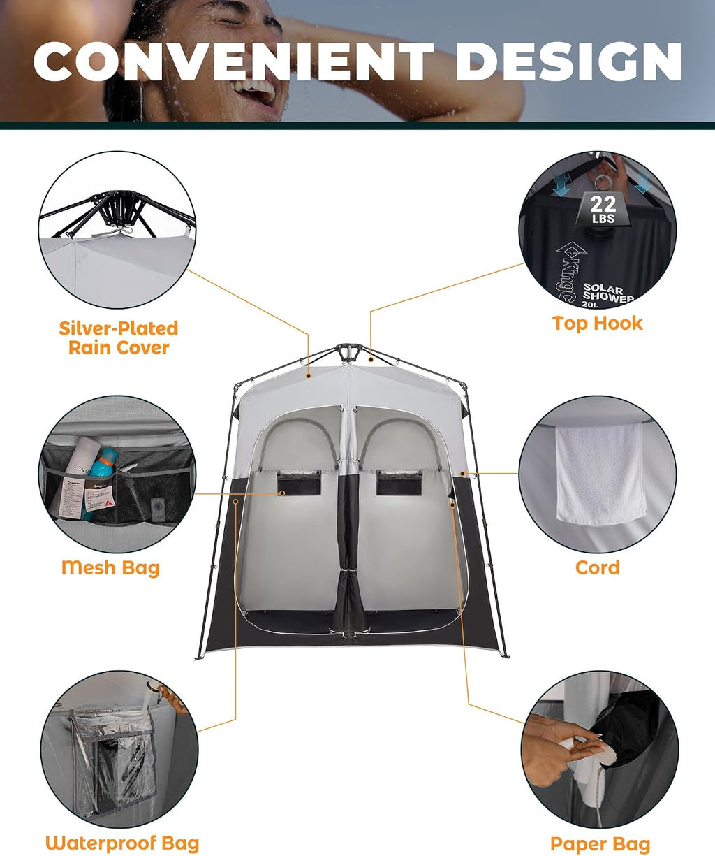 Instant Shower Tent, Portable Superior Stable Privacy Shelter, 2 Large Rooms Outdoor Toilet Tent with Floor for