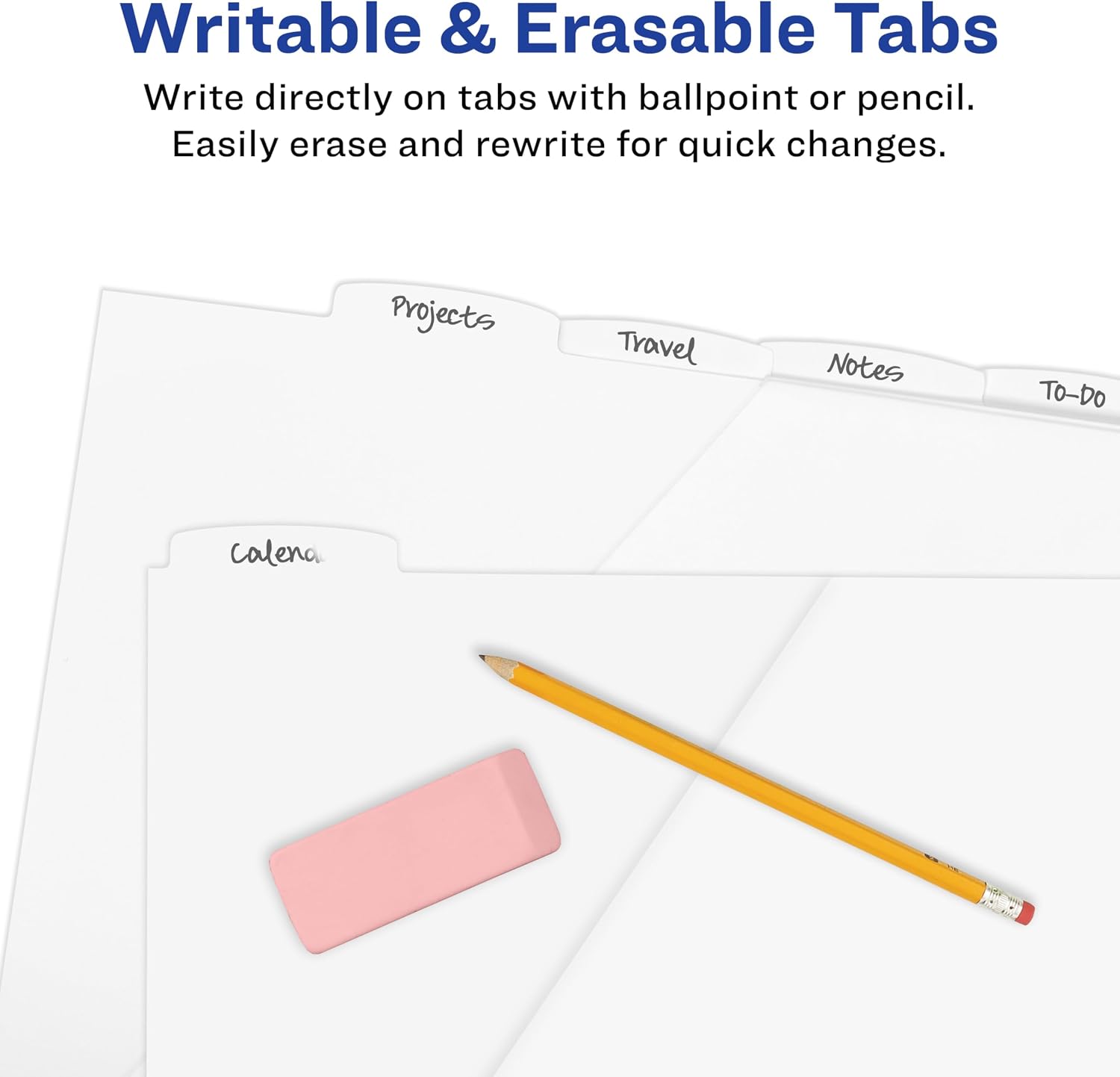 Durable Plastic 5 Tab Write & Erase Dividers for 3 Ring Binders, Slash Pocket, Translucent White, Works with Sheet