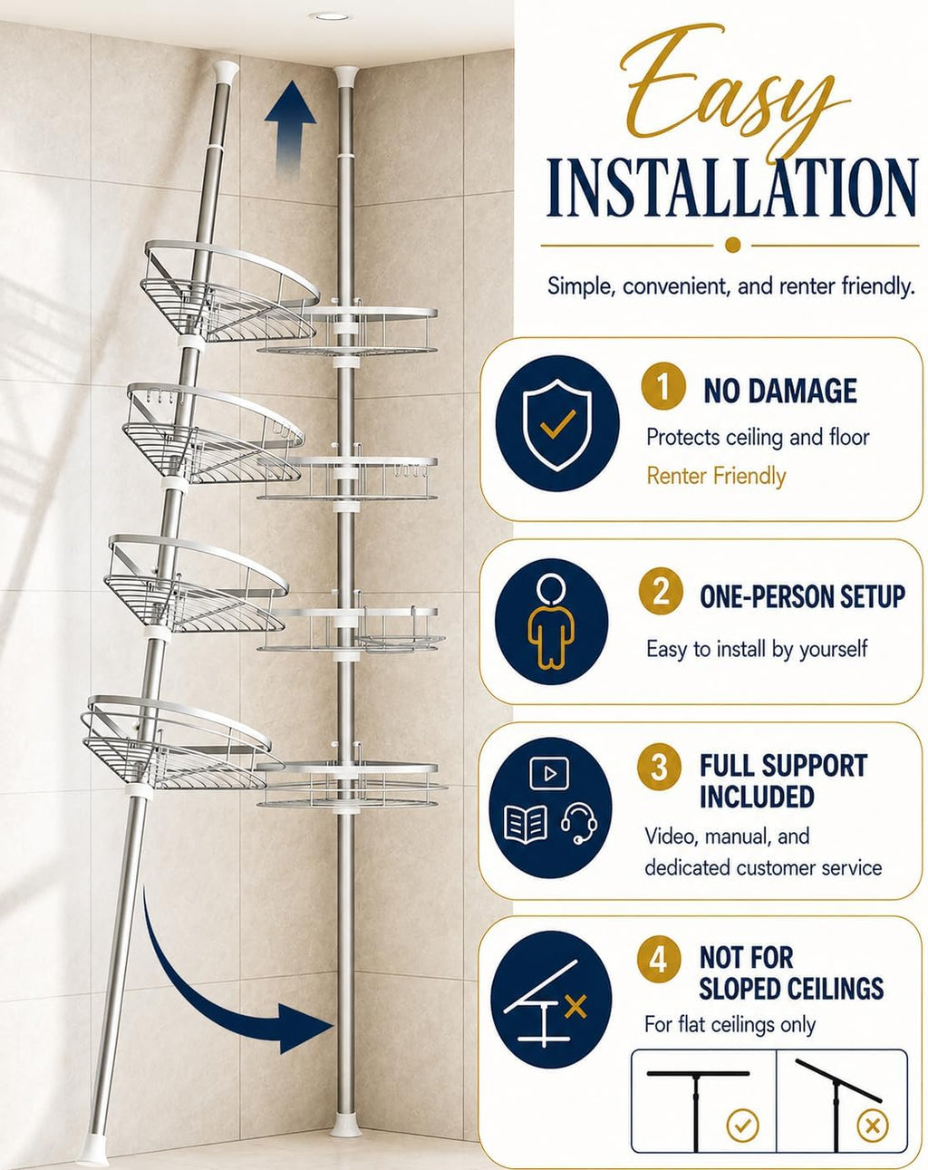 Rustproof Shower Corner Caddy Organizer for Bathroom, 4 Adjustable Shelves with Tension Pole
