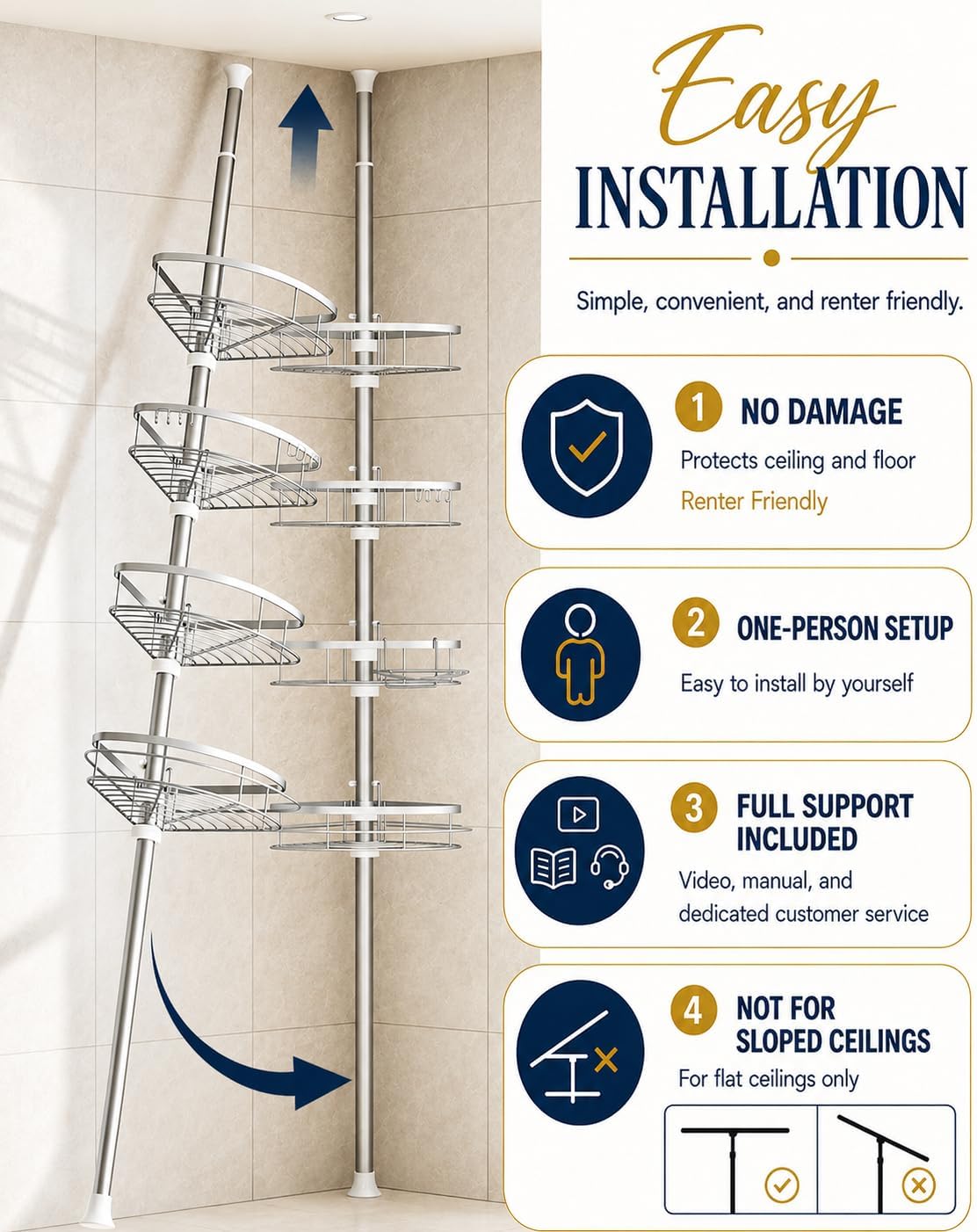 Rustproof Shower Corner Caddy Organizer for Bathroom, 4 Adjustable Shelves with Tension Pole
