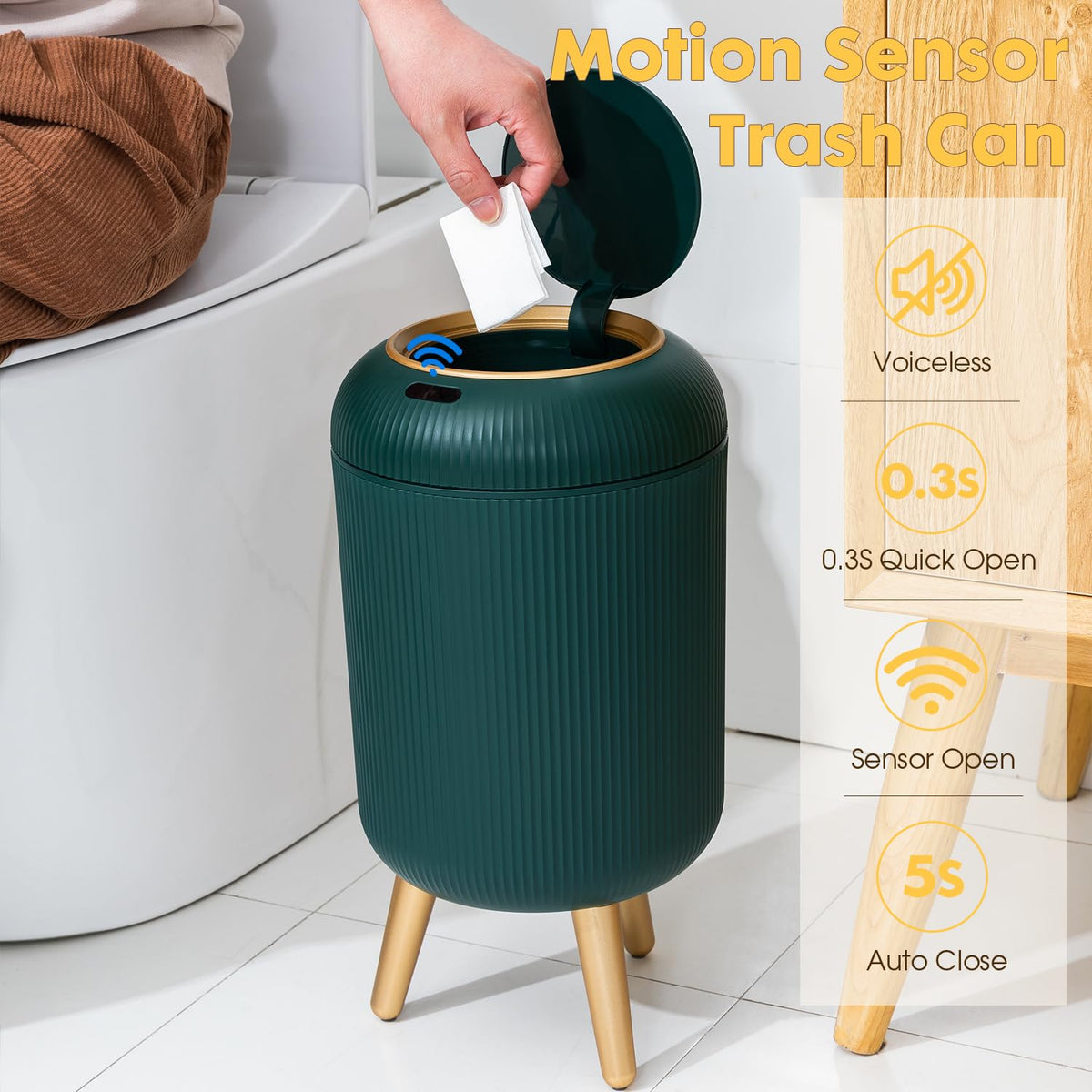 Bathroom Trash Can Automatic Touchless,Gold Green Small Garbage Can