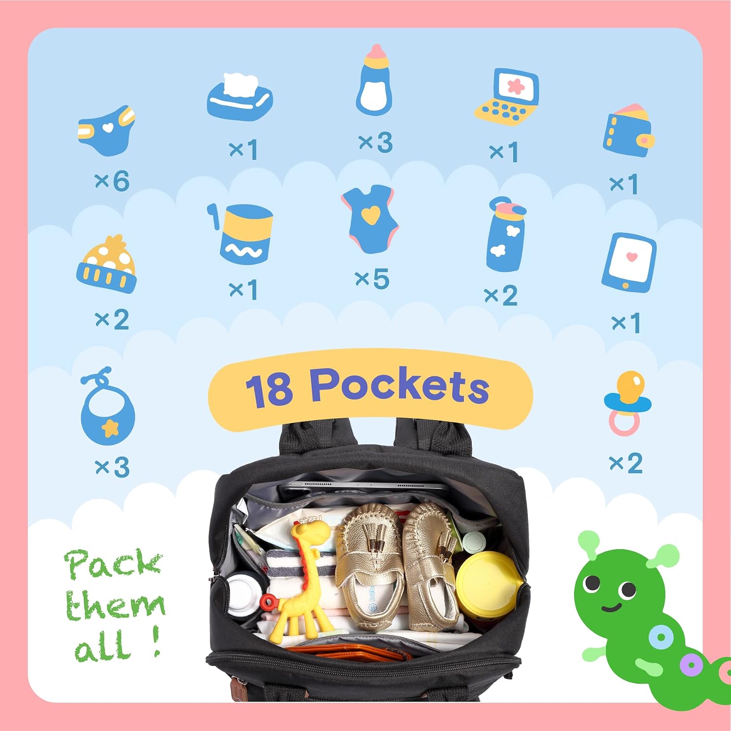 Diaper Bag Backpack, 4 in 1 kit Large Unisex Baby Bags for Boys Girls, Waterproof Travel Back Pack with Pouch