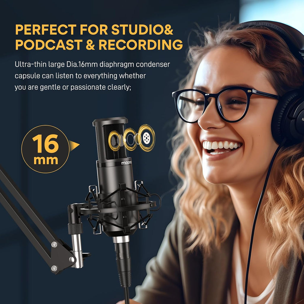 PM320S Condenser PC Microphone with XLR Cable, Boom Arm, Pop Filter | Computer Mic Compatible with Audio Interface &