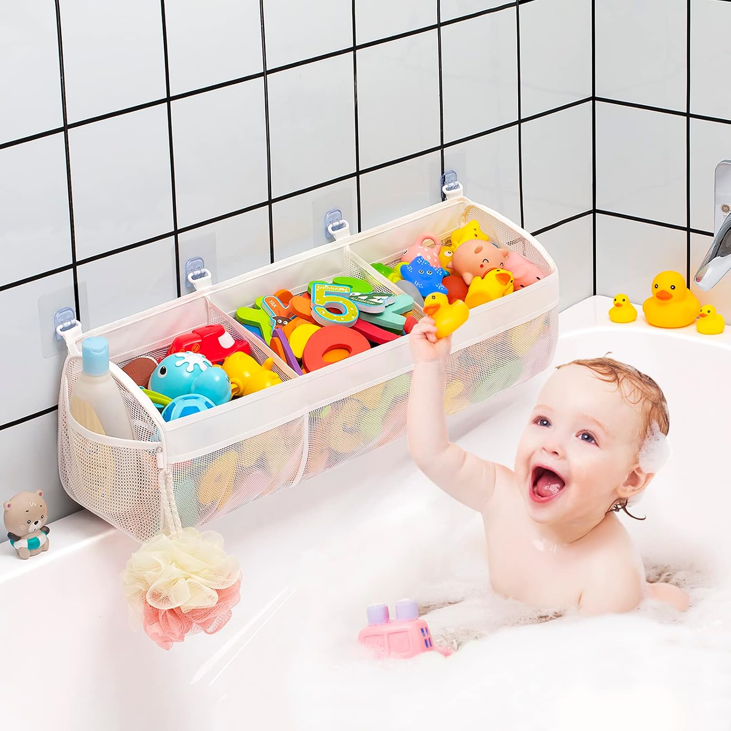 Original 3 Compartment Horizontal Large Openings Bath Toy Organizer for Tub, Capacity Upgrade Bath Toy Storage and