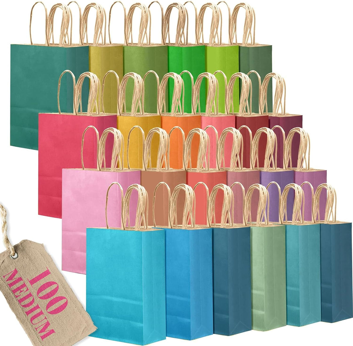 100PCS Medium Mulitcolor Gift Bags With Handles Bulk Multiple Uses (10.6"x8.3"x4.3")