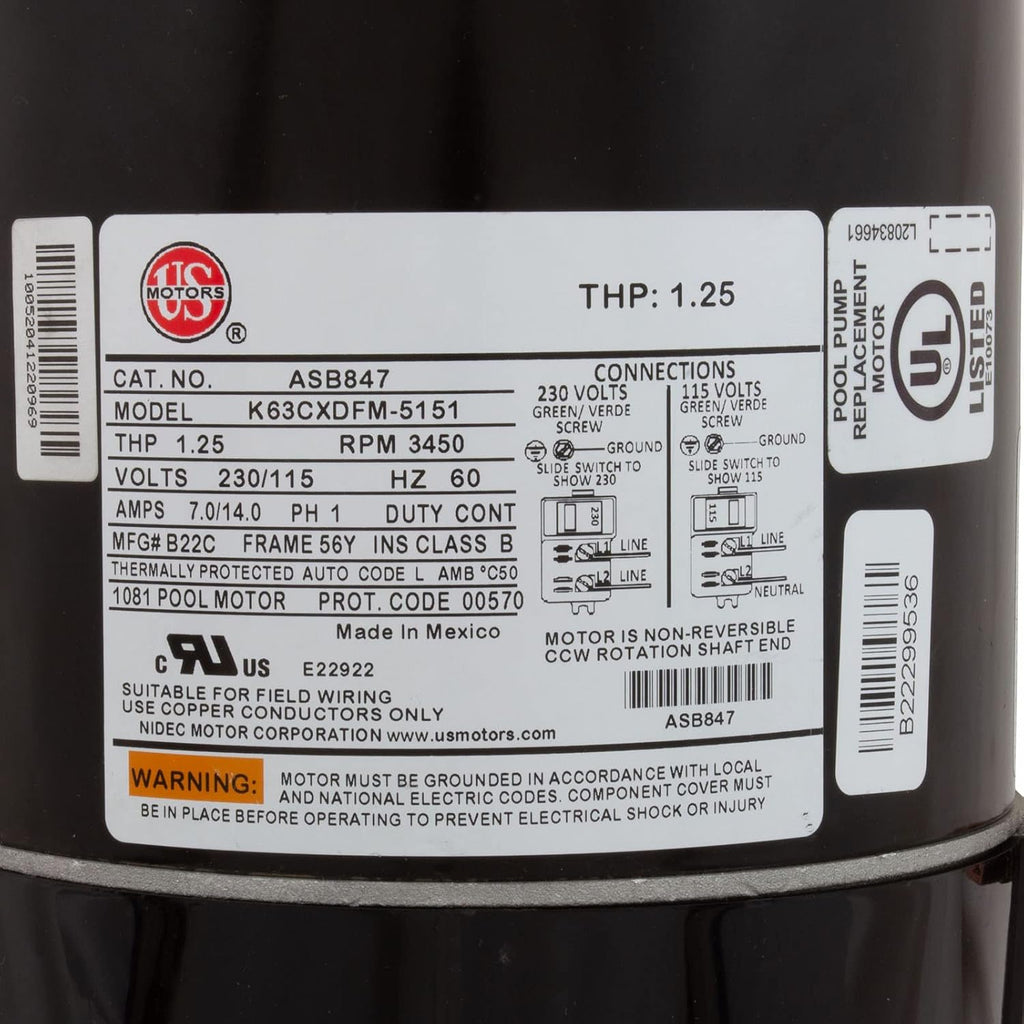 ASB847 US Motors 3/4 hp 3450 RPM 56Y 115/230V (ODP) High Efficiency Switchless Pool Pump Motor