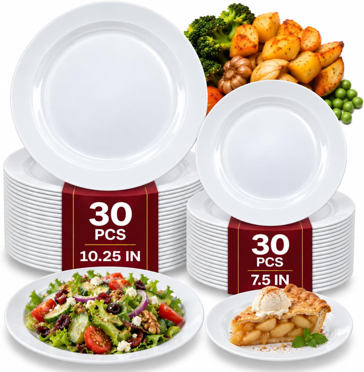 [60 PACK] Round Plastic Plates for Party | White Disposable Plastic Plates