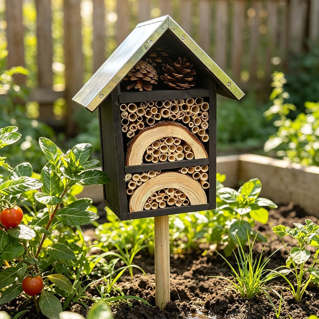 Wooden Insect Hotel with Ground Stake, Metal Roof Mason Bee House, Natural Bamboo Bug Habitat for Butterflies