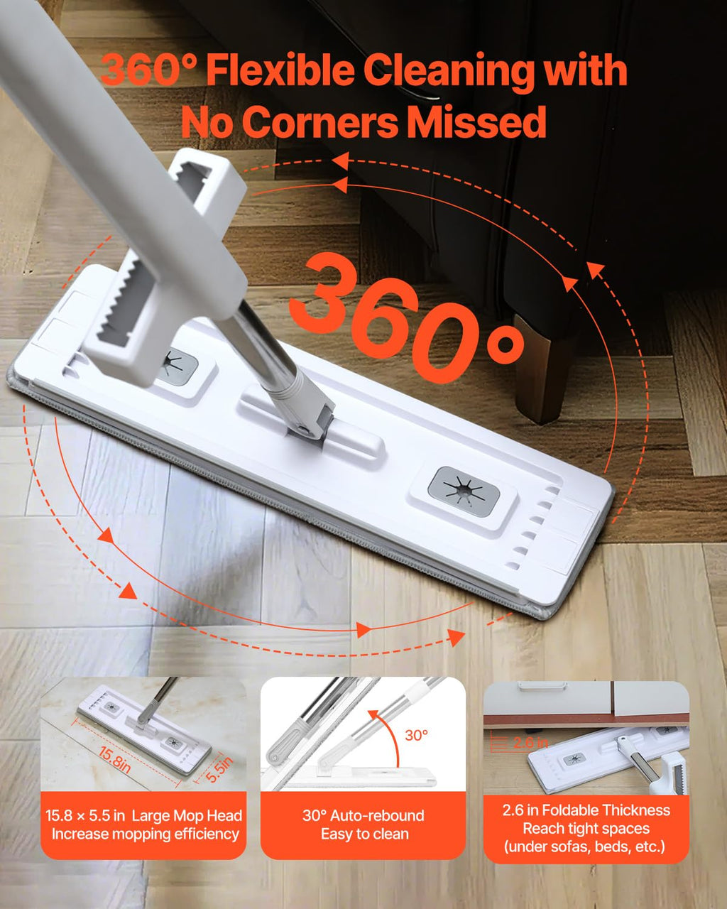 Flat Mop, Self Wringing, Microfiber Floor Cleaner with 4 Reusable & Washable Pads for Dry & Wet Floor Cleaning