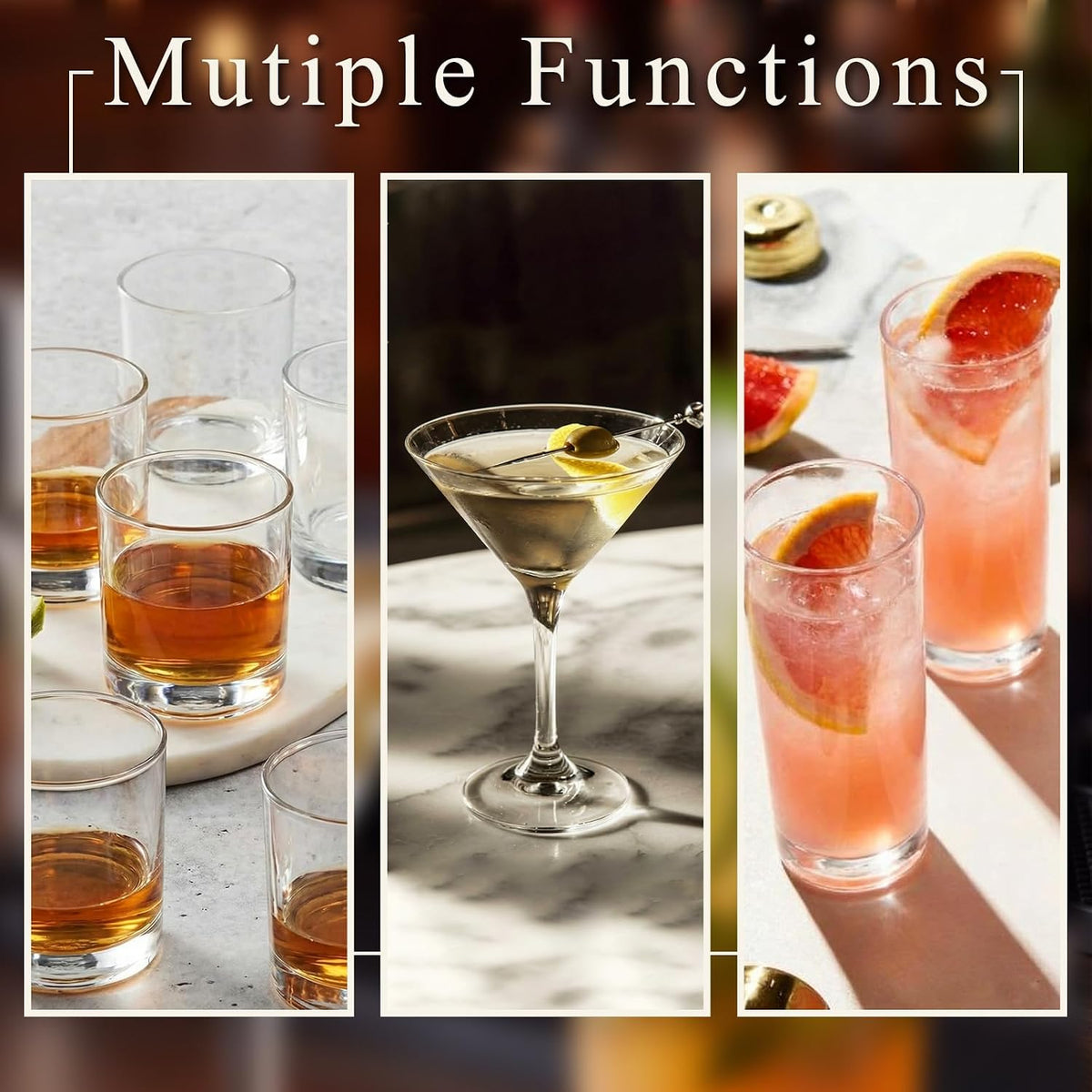 12 Set Mixed Cocktail Glasses, Rock & Martini & Highball Glasses