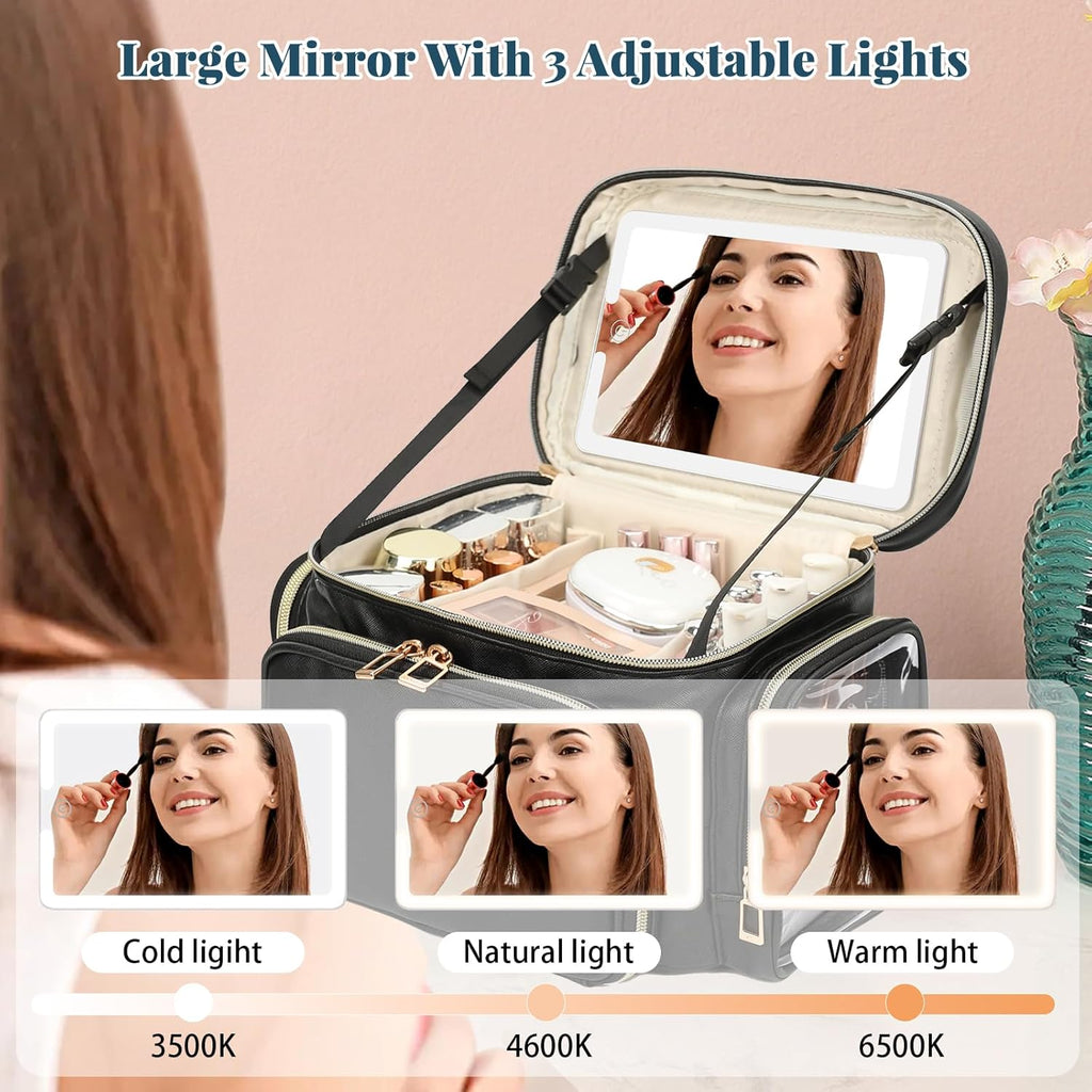 Large Makeup Bag with LED Mirror, Travel Makeup Bag Organizer for Women Girls with Makeup Brush Compartment & Two