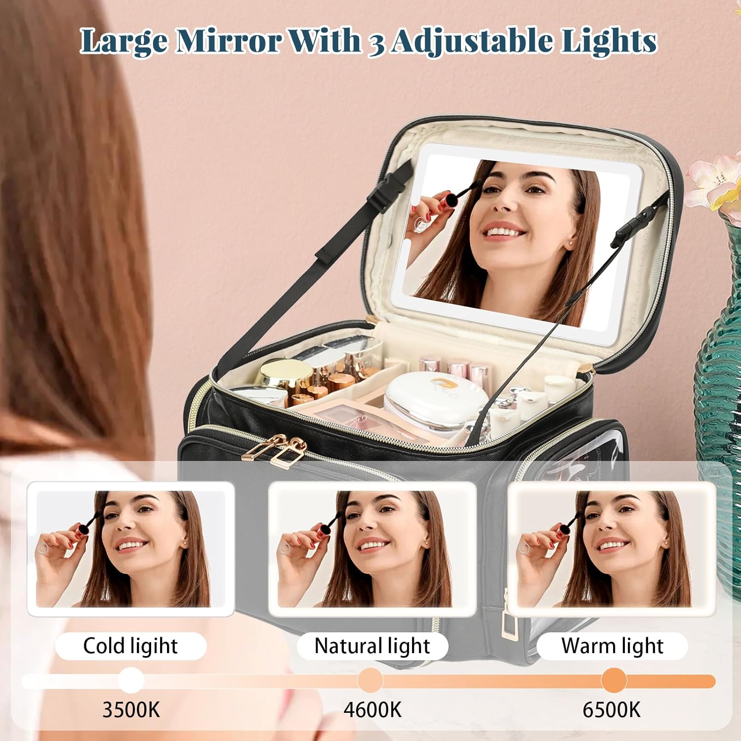 Large Makeup Bag with LED Mirror, Travel Makeup Bag Organizer for Women Girls with Makeup Brush Compartment & Two