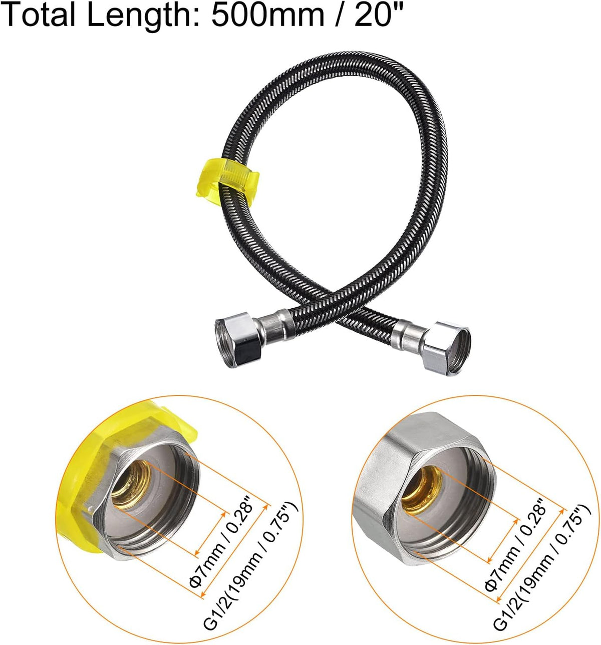 Faucet Supply Line Connector, G1/2 Female x G1/2 Female 20 Inch Long Braided 304 Stainless Steel Water Supply Hose